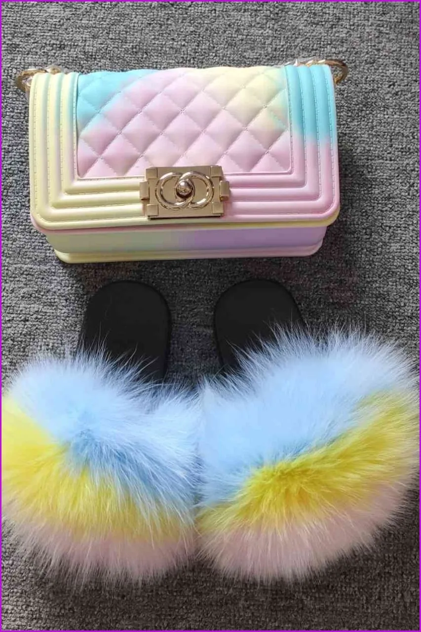 Kids Fluffy Slides & Purse Set F873