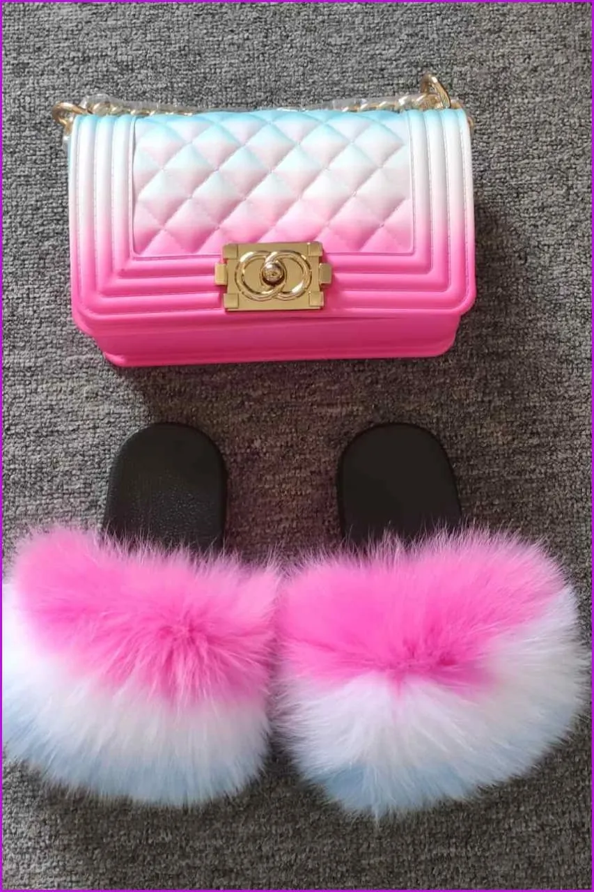 Kids Fluffy Slides & Purse Set F873