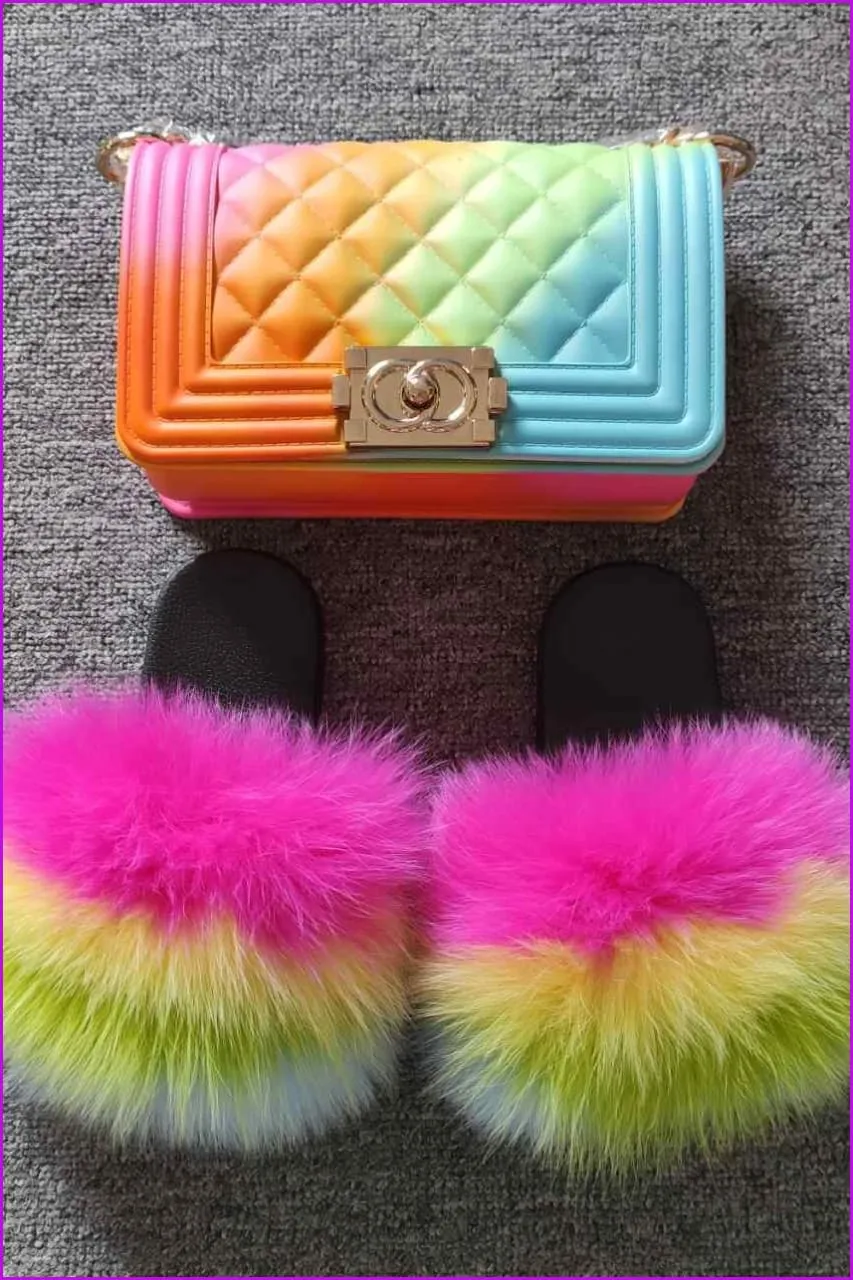 Kids Fluffy Slides & Purse Set F873