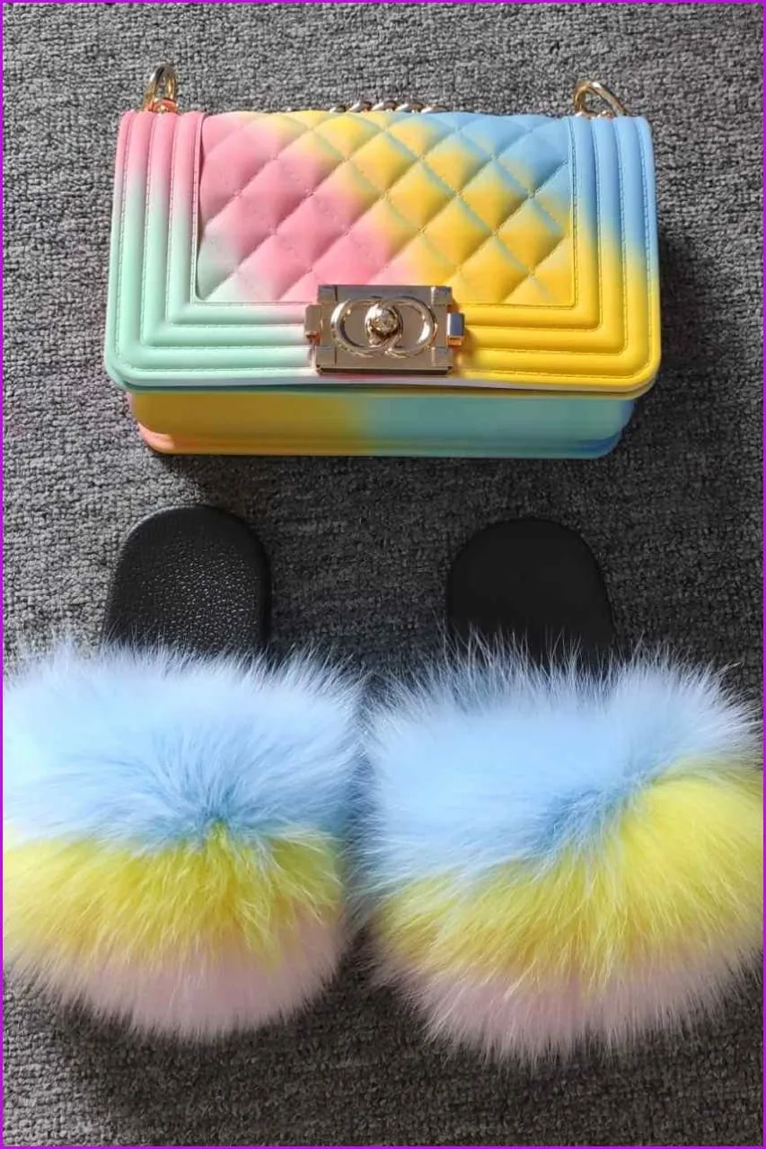 Kids Fluffy Slides & Purse Set F873