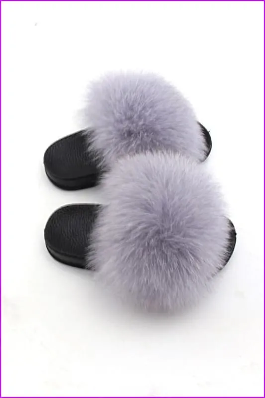 Kids Light Grey Fox Fur Sliders F003