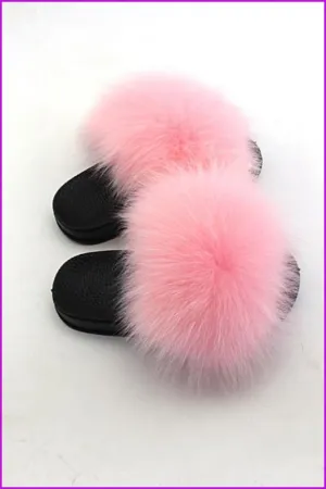 Kids Pink Fox Fur Sliders F003