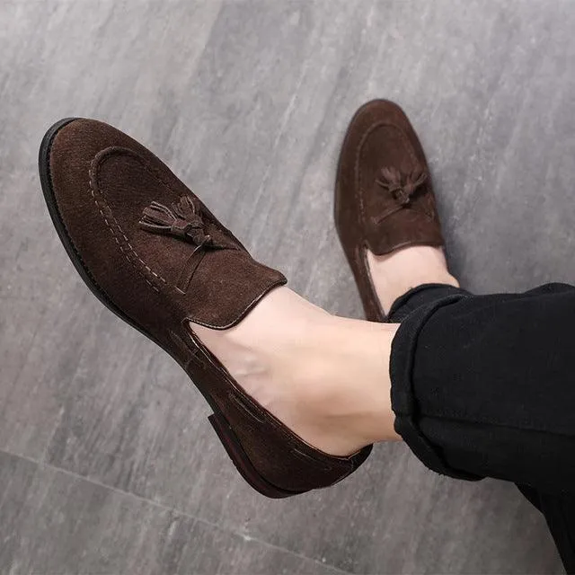 Men's Suede Slip-On Loafers with Tassels – Comfortable Leather Peas Shoes