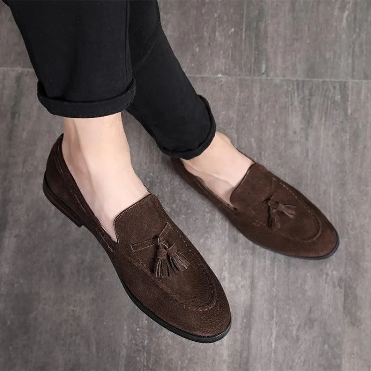 Men's Suede Slip-On Loafers with Tassels – Comfortable Leather Peas Shoes