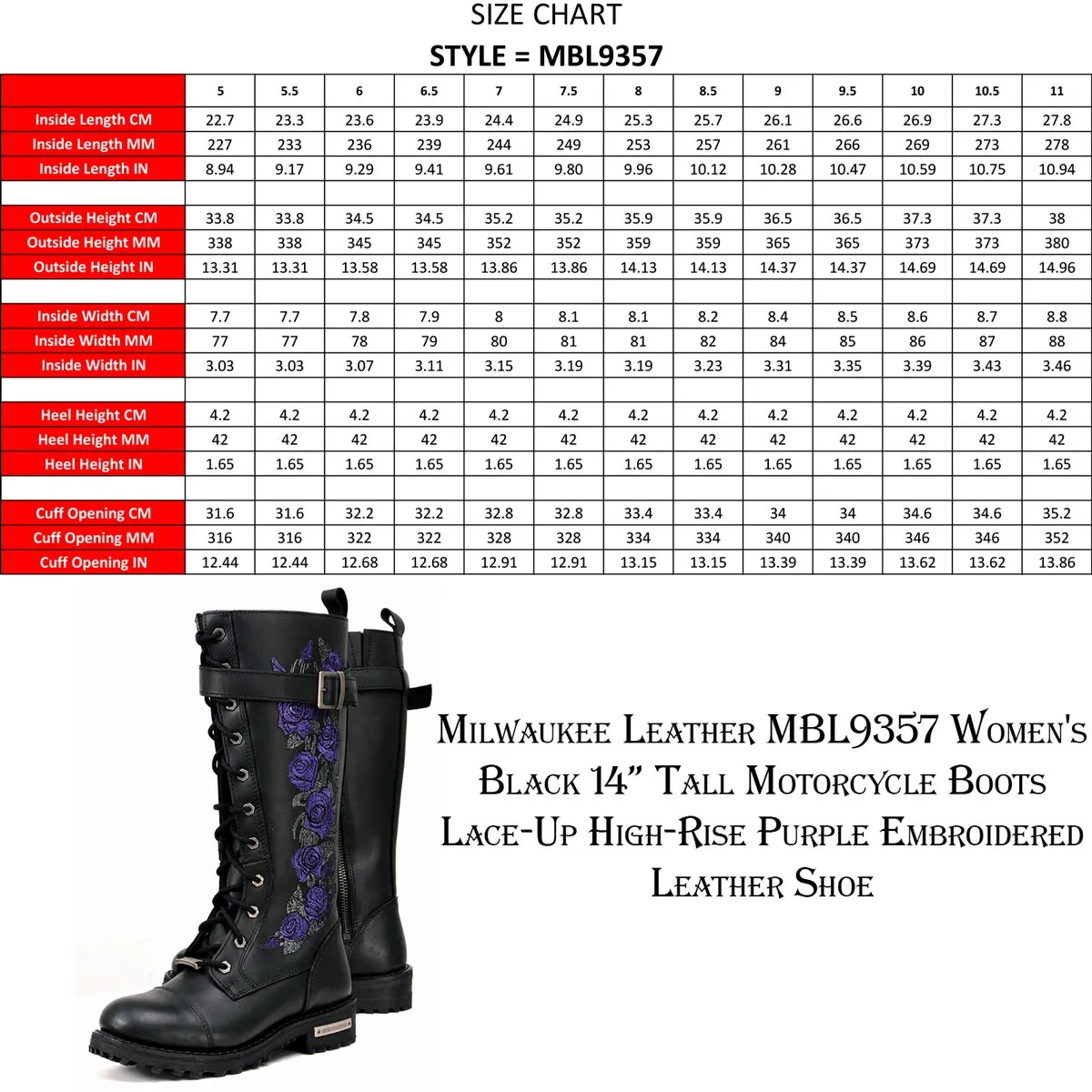 Milwaukee Leather MBL9357 Women's Black 14” Tall Motorcycle Boots