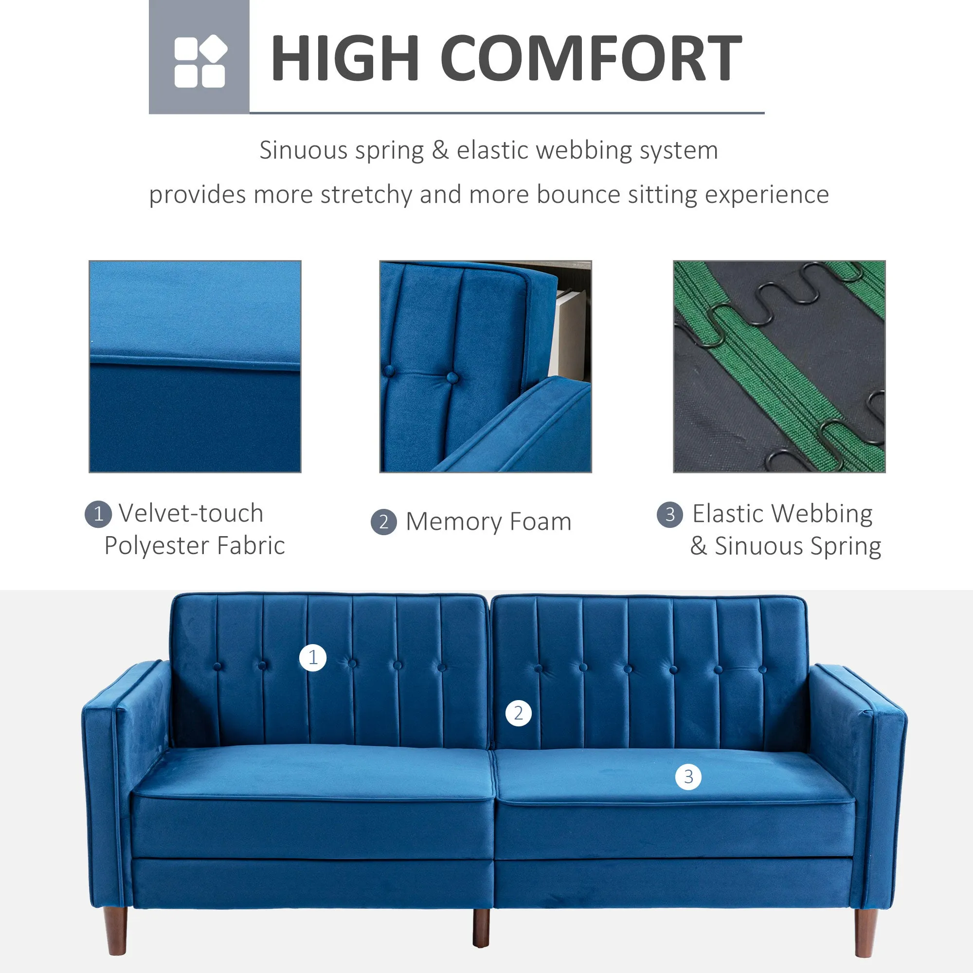 Modern Convertible Sofa Futon Velvet-Touch Tufted Couch Compact Loveseat with Adjustable Split Back, Blue