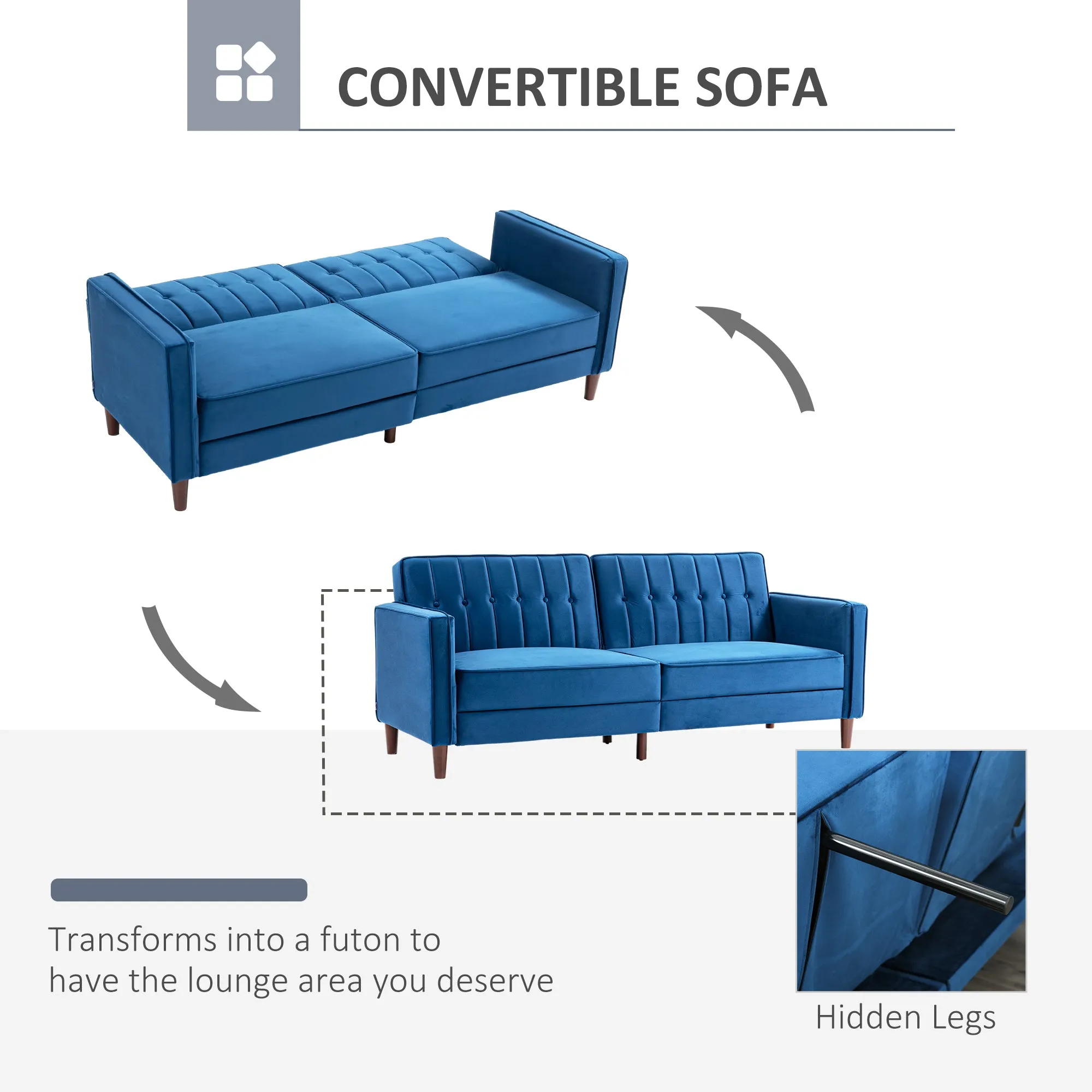 Modern Convertible Sofa Futon Velvet-Touch Tufted Couch Compact Loveseat with Adjustable Split Back, Blue