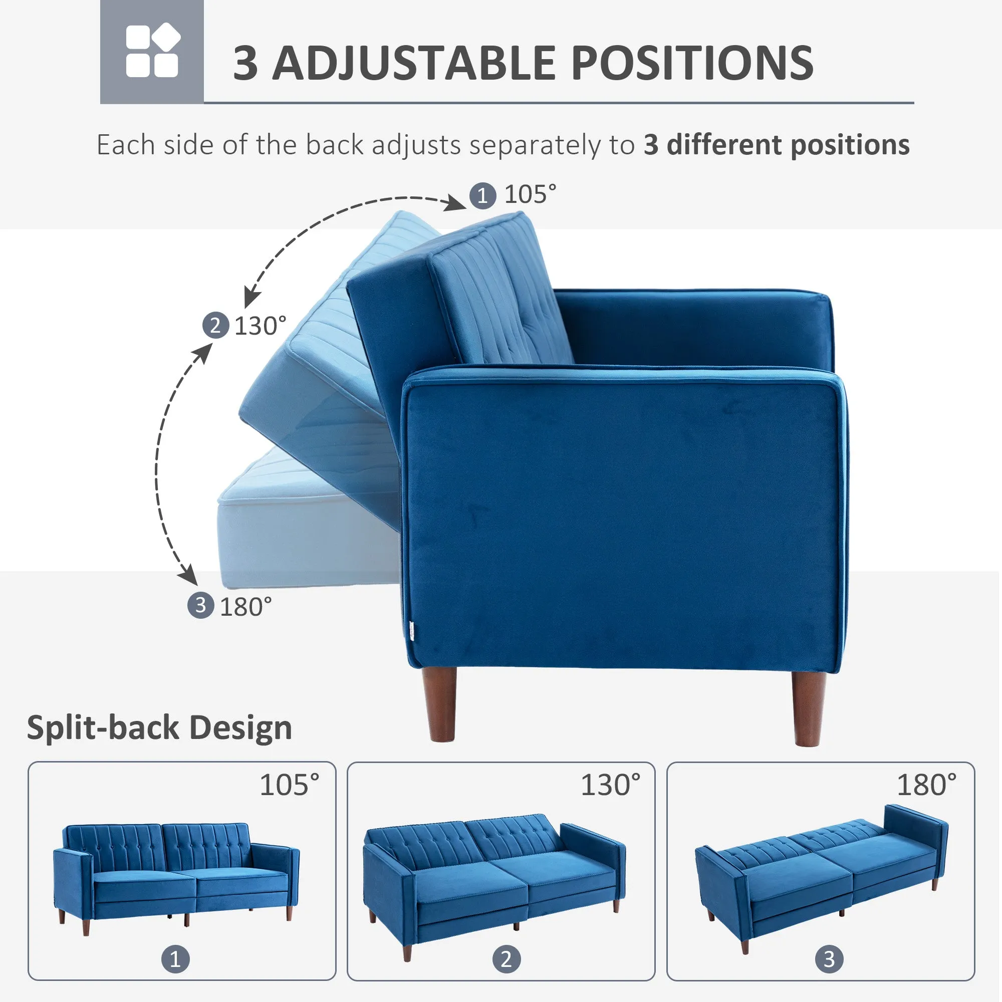 Modern Convertible Sofa Futon Velvet-Touch Tufted Couch Compact Loveseat with Adjustable Split Back, Blue