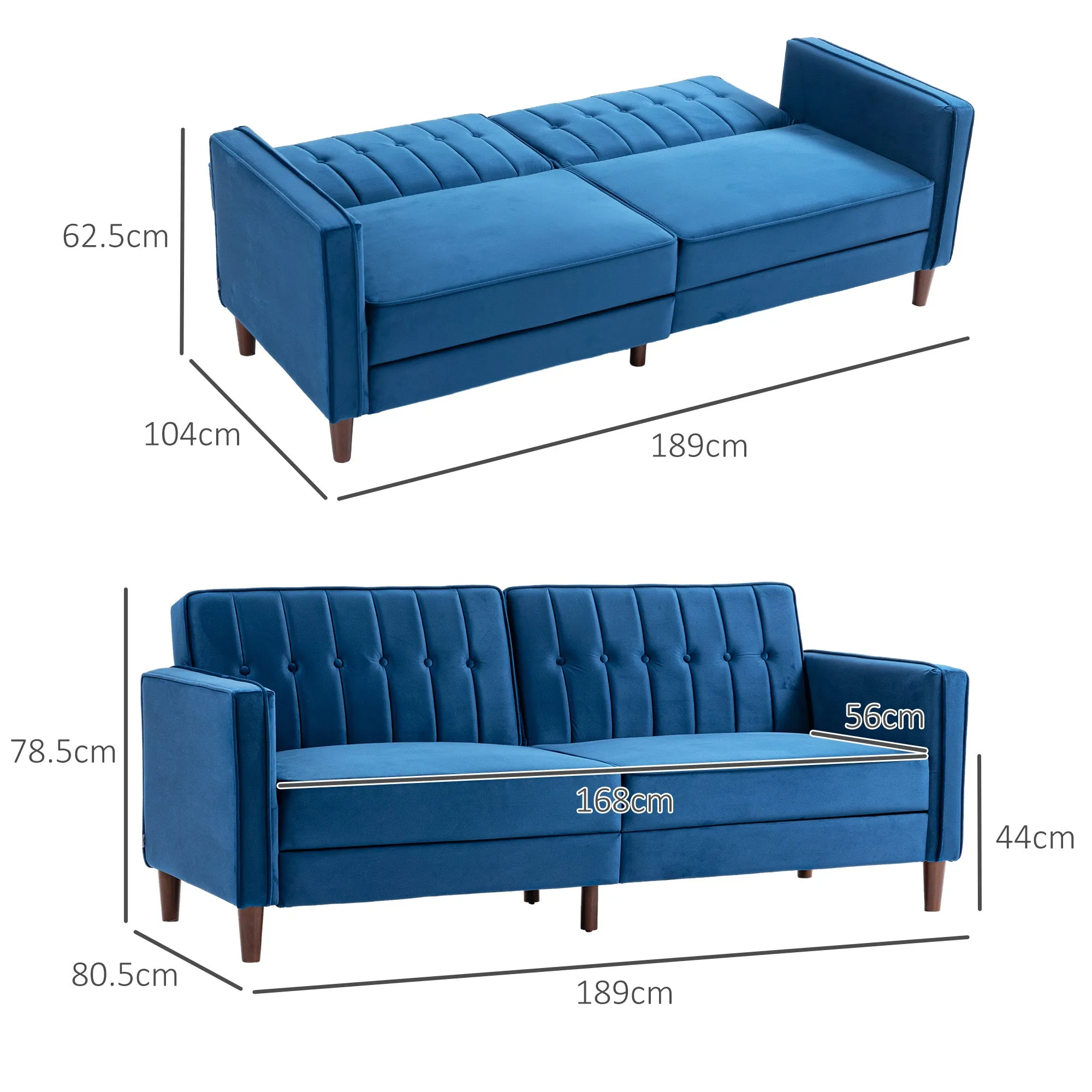 Modern Convertible Sofa Futon Velvet-Touch Tufted Couch Compact Loveseat with Adjustable Split Back, Blue