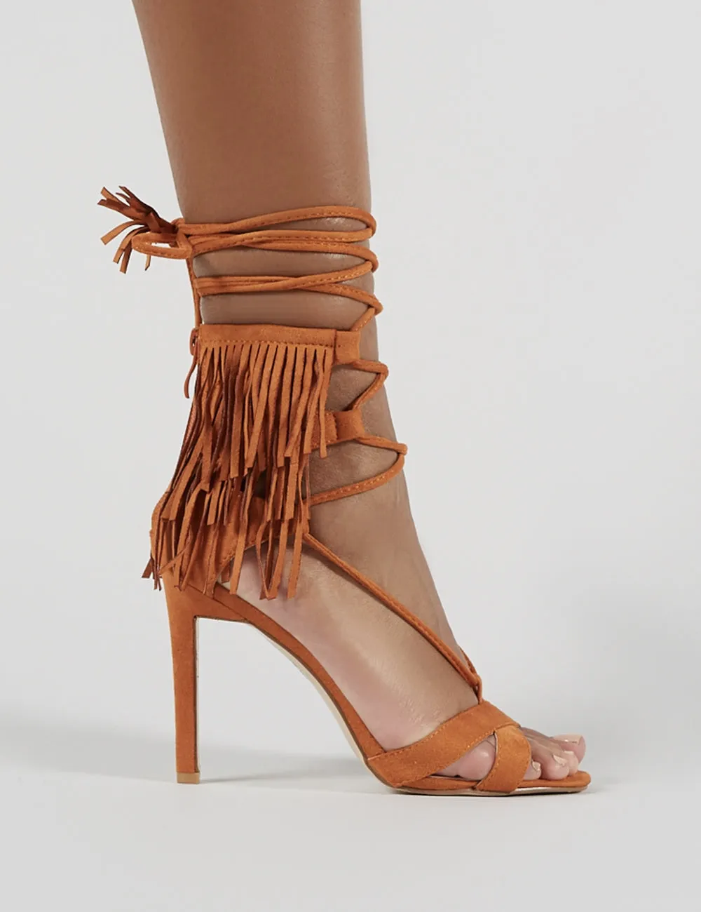 Montana Fringed Lace Up Heels in Tan Faux Suede