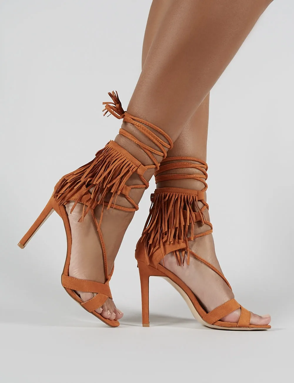 Montana Fringed Lace Up Heels in Tan Faux Suede