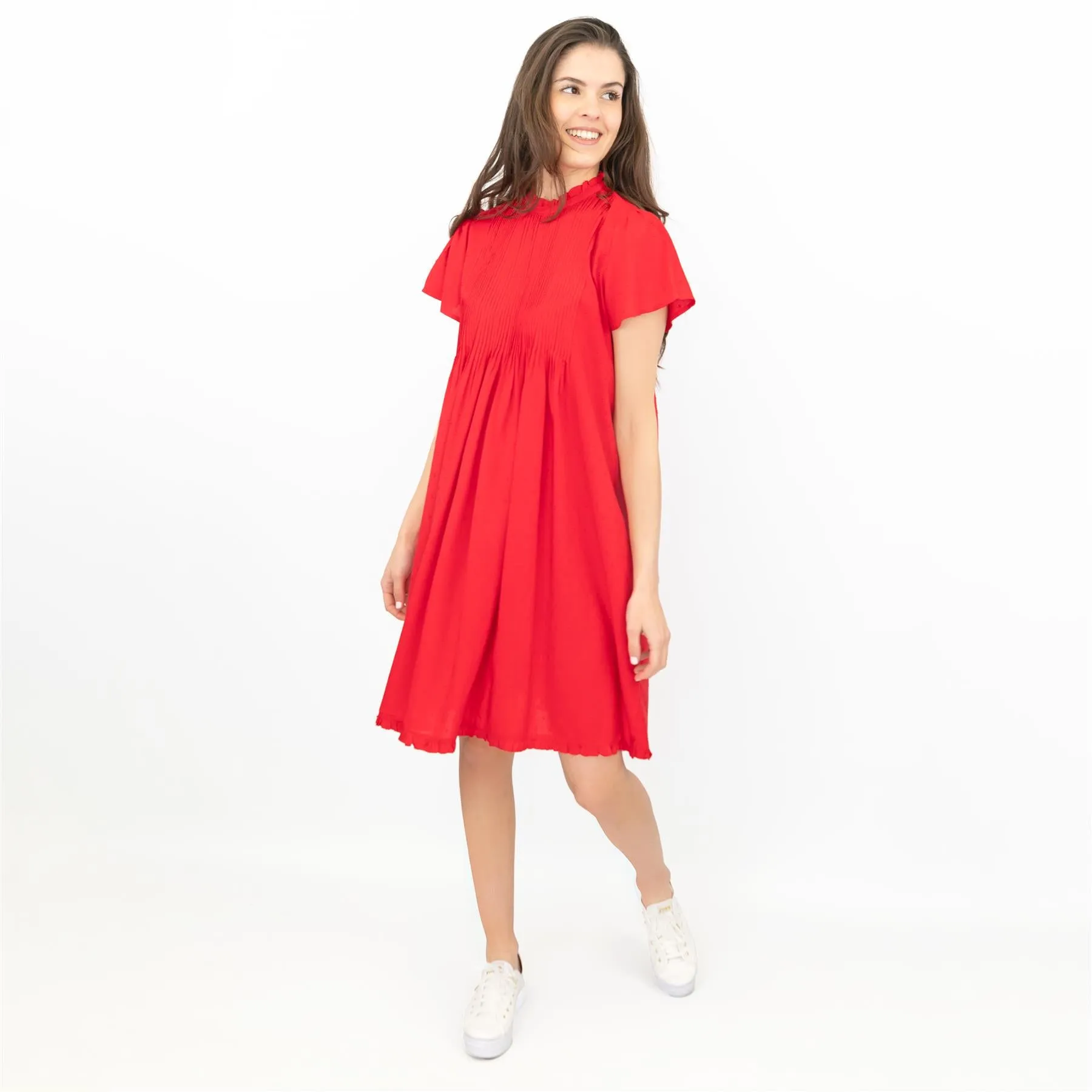 Next Textured Red Shirred Details Lightweight Relaxed Fit Knee Length Dress