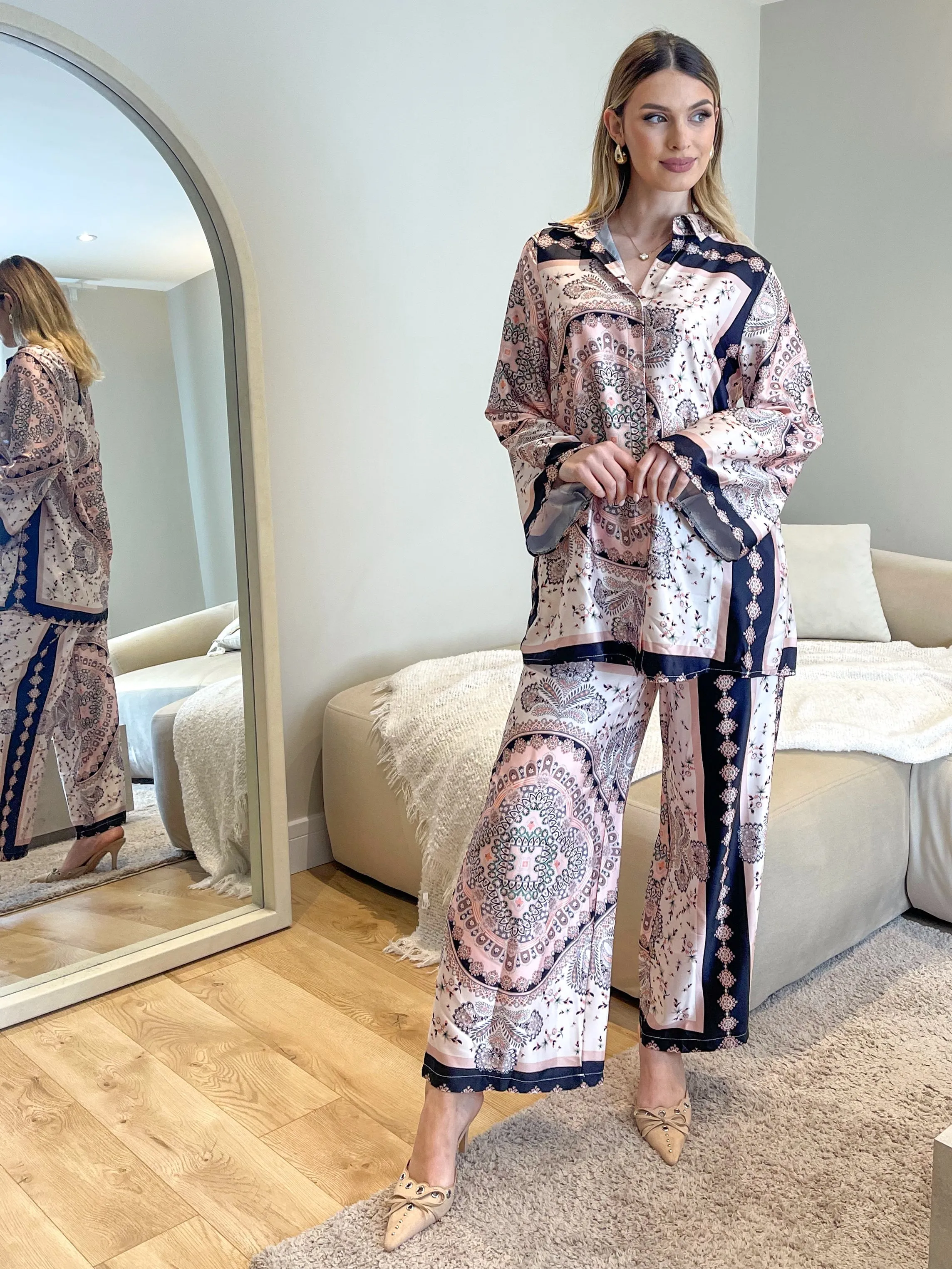 PINK AND WHITE PRINTED CO-ORD TROUSER-SET