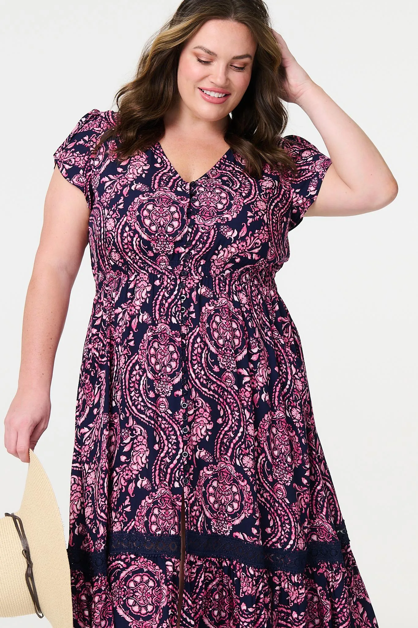 Printed Short Sleeve Lace Trim Maxi Dress