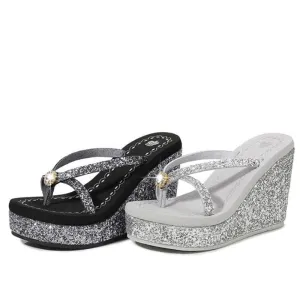 Rhinestones Sequins Slope With Flip Flops Breathable Shiny Wedges Women Sandals