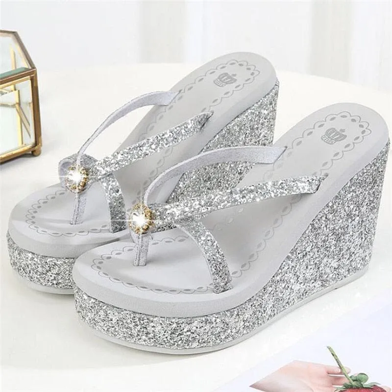 Rhinestones Sequins Slope With Flip Flops Breathable Shiny Wedges Women Sandals