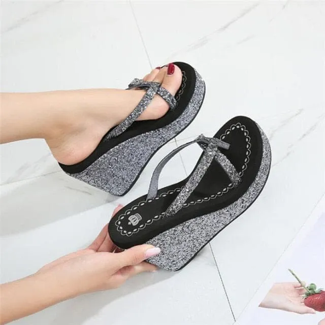 Rhinestones Sequins Slope With Flip Flops Breathable Shiny Wedges Women Sandals