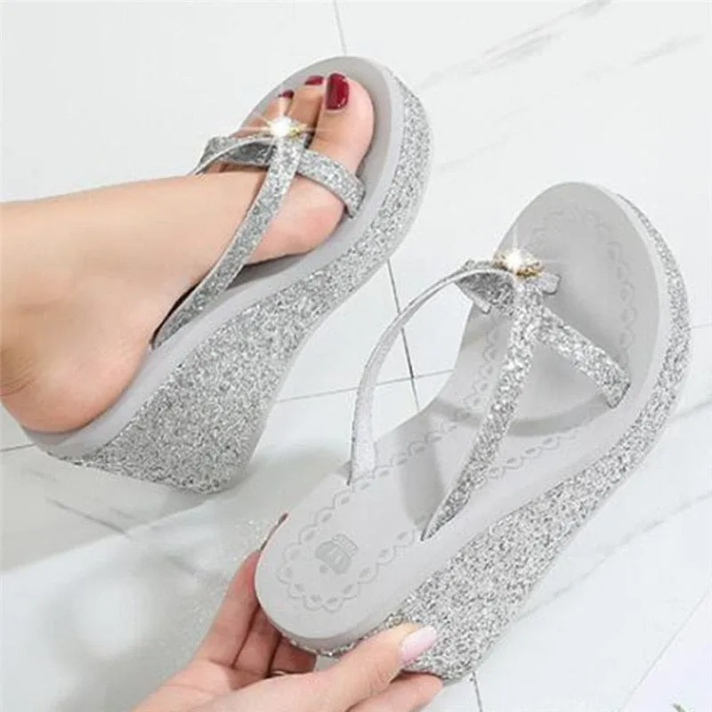 Rhinestones Sequins Slope With Flip Flops Breathable Shiny Wedges Women Sandals