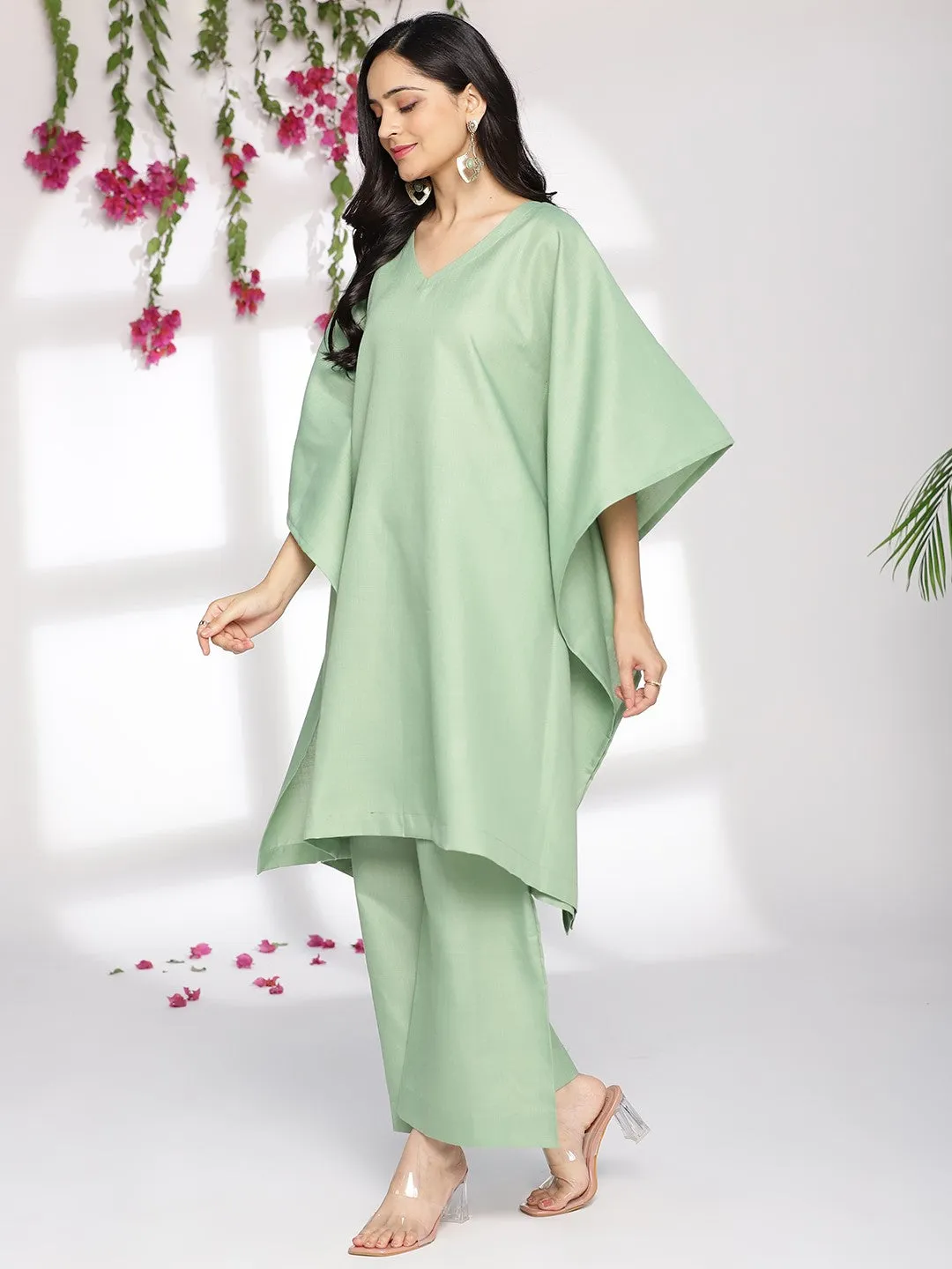 SageGreen CottonSlub Kaftan & Palazzo