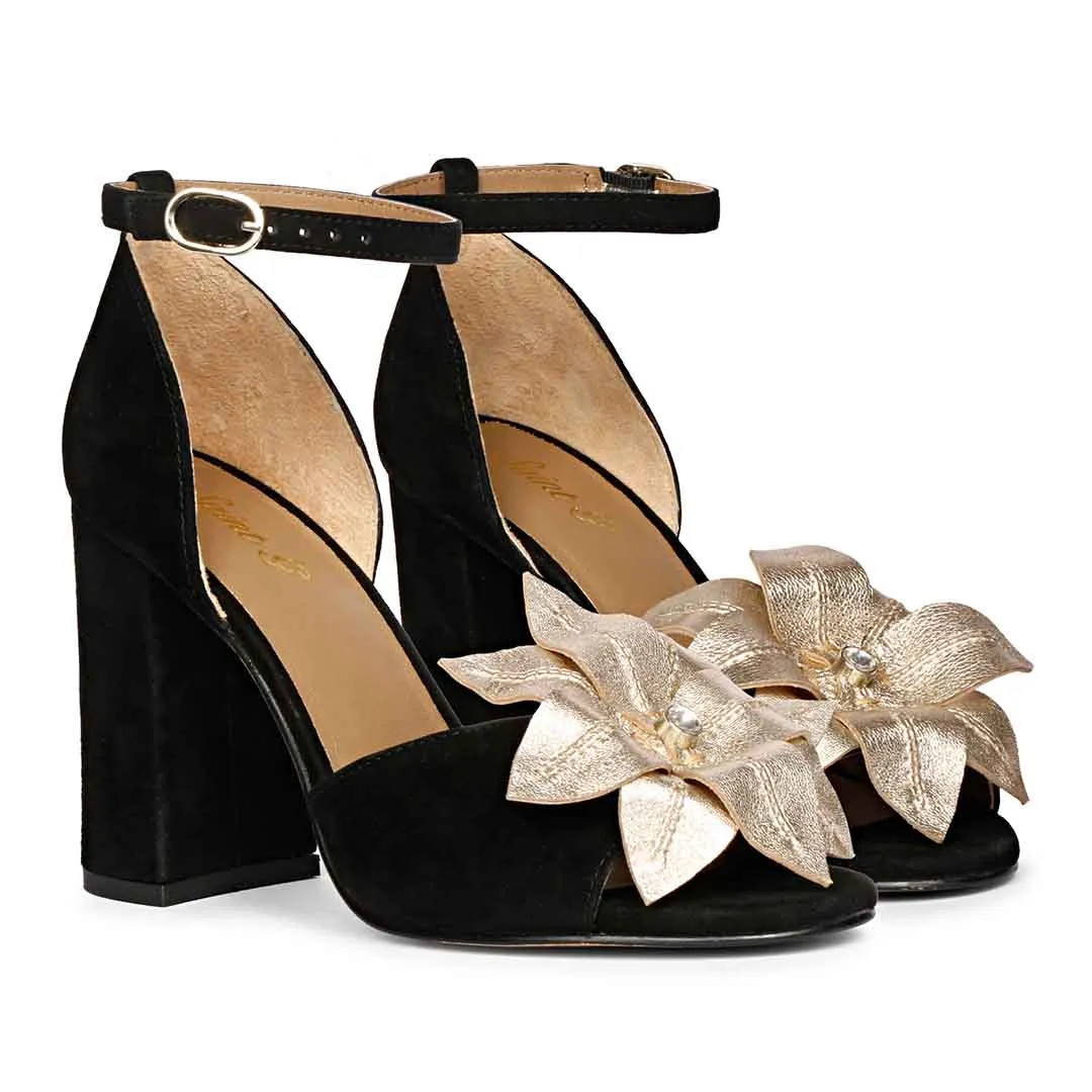 Saint Lilly Gold Flower Embellished Black Leather Block Heel