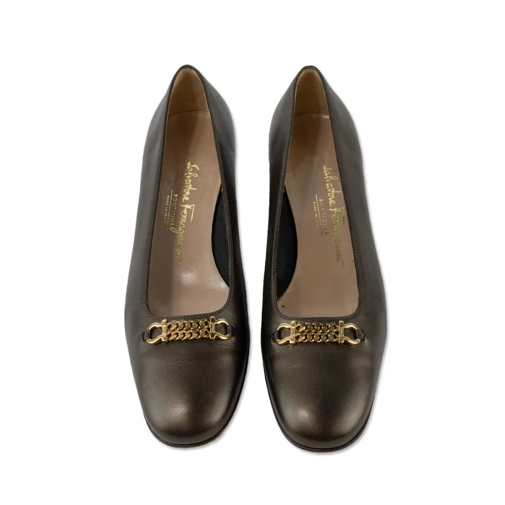 Salvatore Ferragamo Brown Leather Gold Chain Accented Loafers