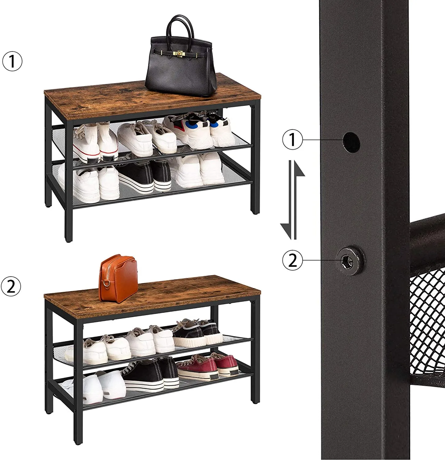 Shoe Bench, 3-Tier Shoe Rack, Industrial Shoe Organizer Storage Bench, Adjustable Mesh Shelves