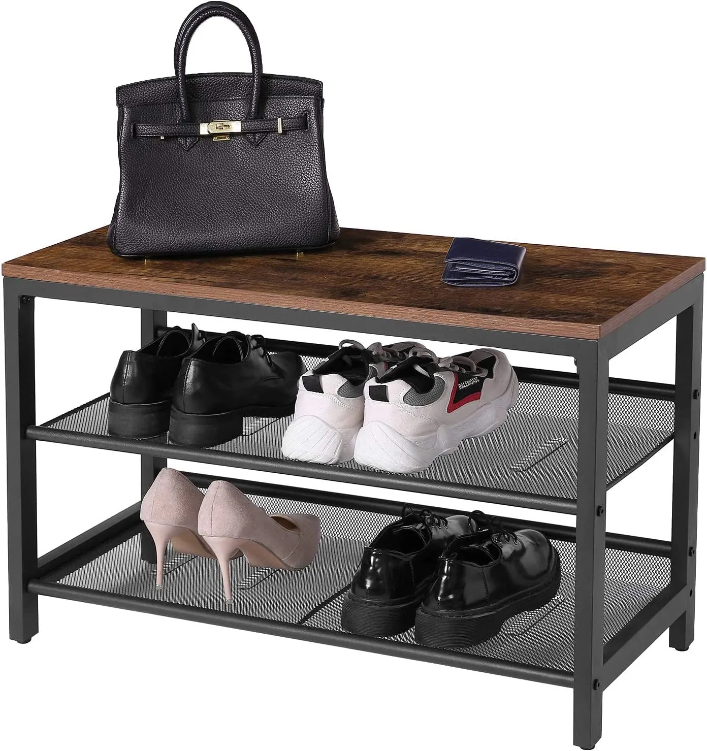 Shoe Bench, 3-Tier Shoe Rack, Industrial Shoe Organizer Storage Bench, Adjustable Mesh Shelves