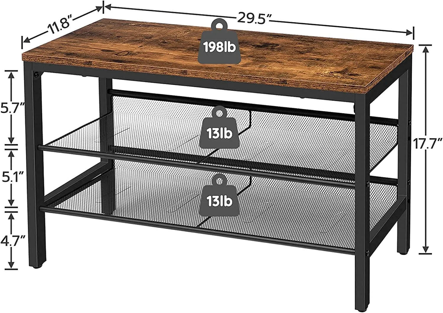 Shoe Bench, 3-Tier Shoe Rack, Industrial Shoe Organizer Storage Bench, Adjustable Mesh Shelves