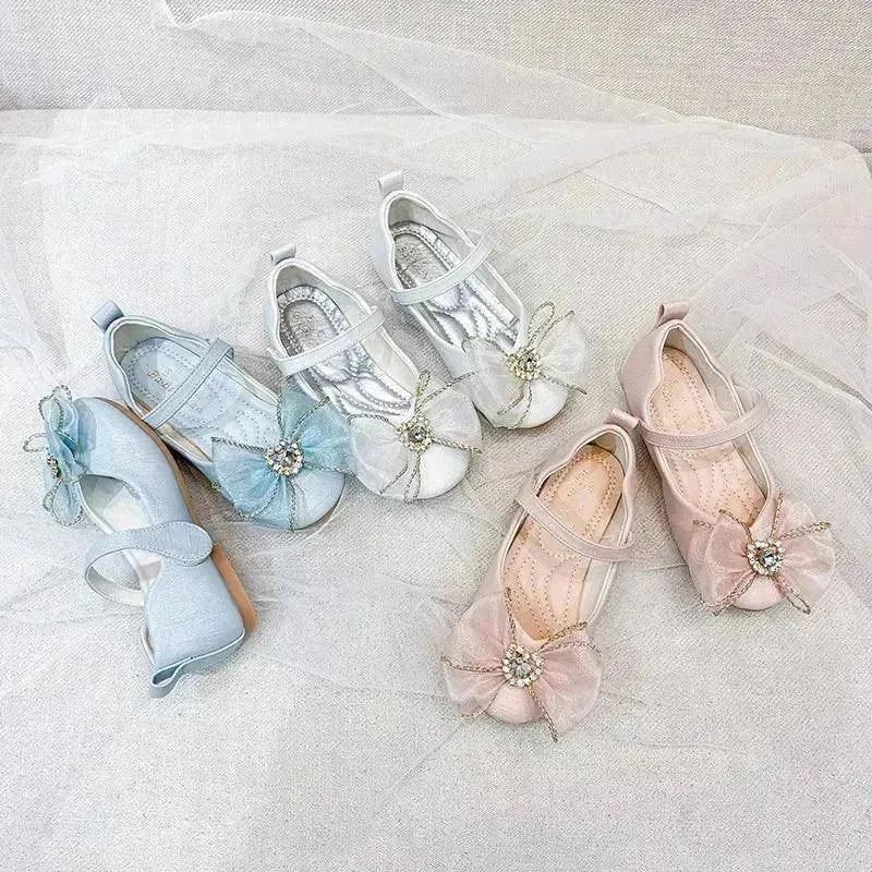 Spring New Girls' Single Shoes Cute Bow Rhinestone Soft Sole Flat Shoes