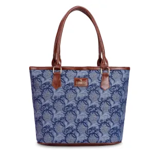 THE CLOWNFISH Justina Tapestry Fabric & Faux Leather Handbag for Women Office Bag Ladies Shoulder Bag Tote For Women College Girls (Blue-Floral)