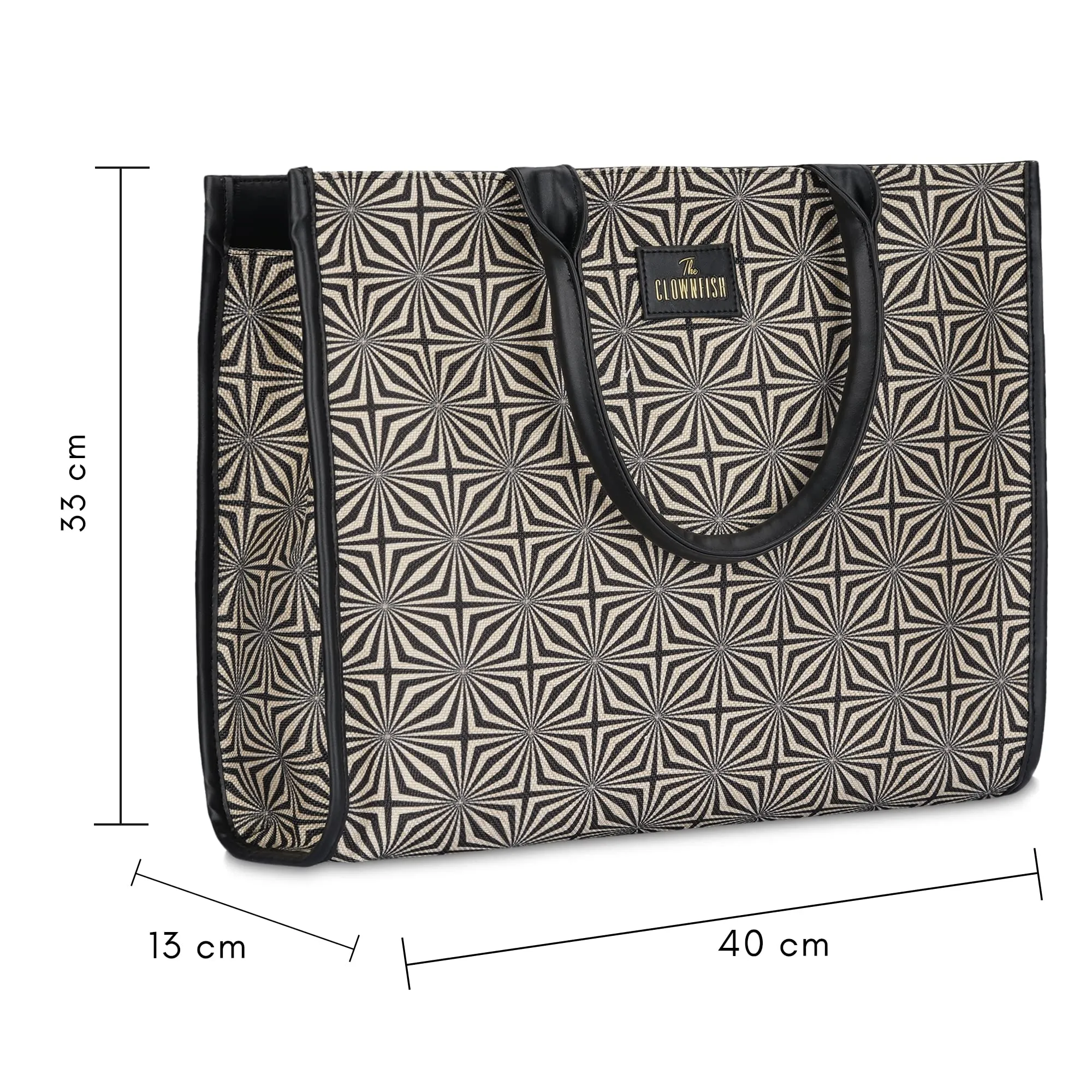 THE CLOWNFISH Opulence Series Multipurpose Handbag For Women Box Bag 14 inch Laptop Bag Tote Printed Handicraft Fabric & Faux Leather Bag (Black-Geometric Design)