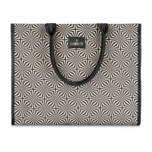 THE CLOWNFISH Opulence Series Multipurpose Handbag For Women Box Bag 14 inch Laptop Bag Tote Printed Handicraft Fabric & Faux Leather Bag (Black-Geometric Design)