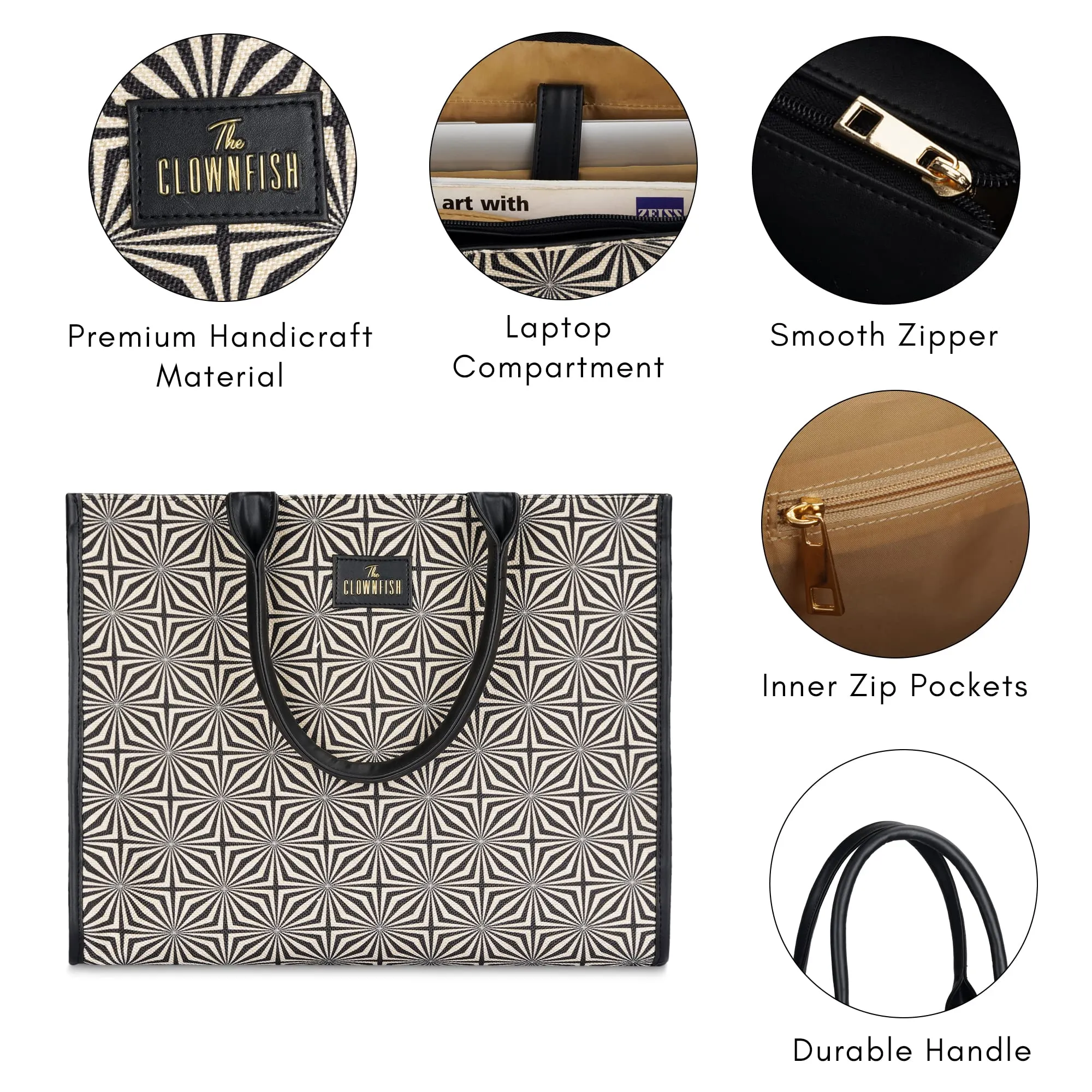 THE CLOWNFISH Opulence Series Multipurpose Handbag For Women Box Bag 14 inch Laptop Bag Tote Printed Handicraft Fabric & Faux Leather Bag (Black-Geometric Design)