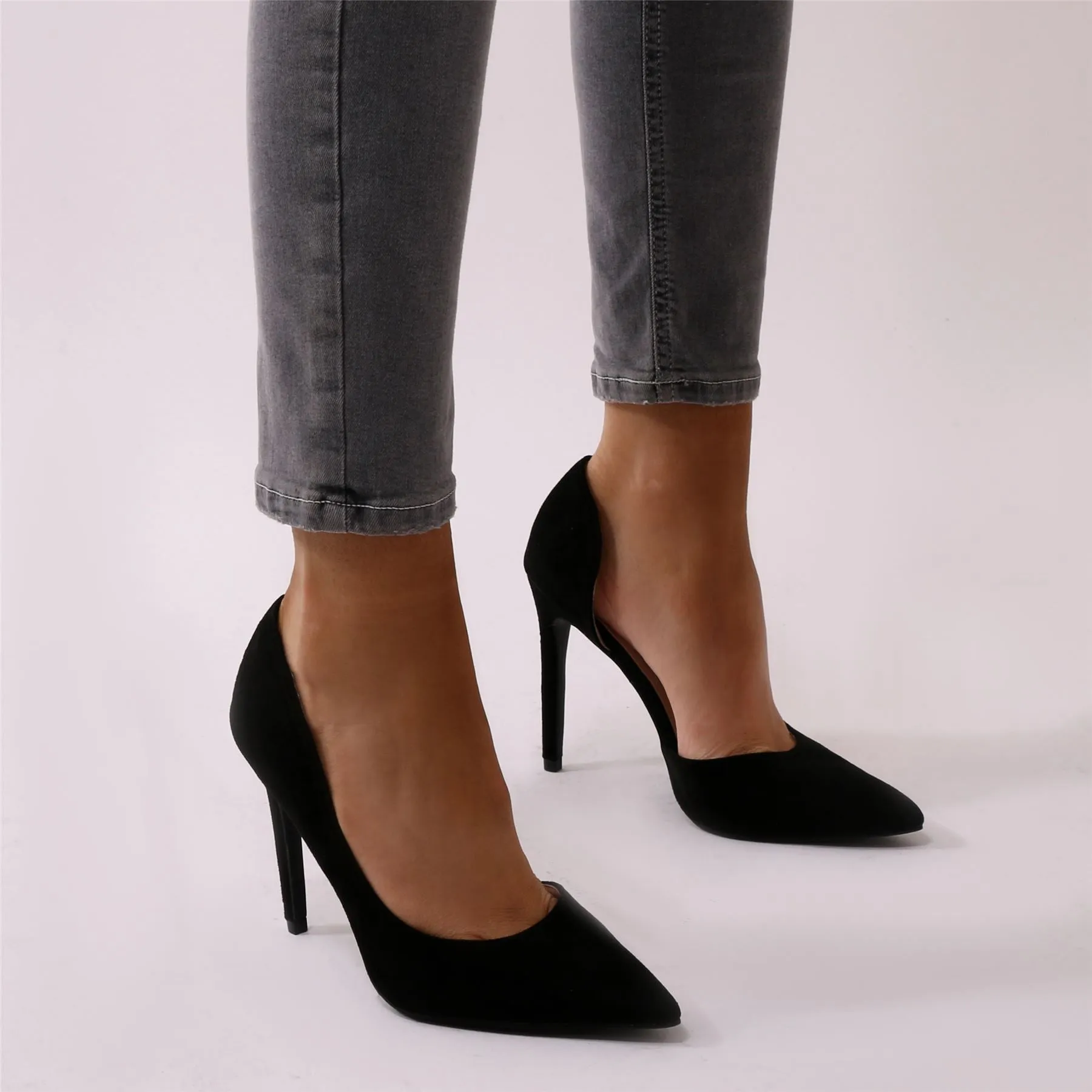 Tipsy Cut Out Court Heels in Black Faux Suede