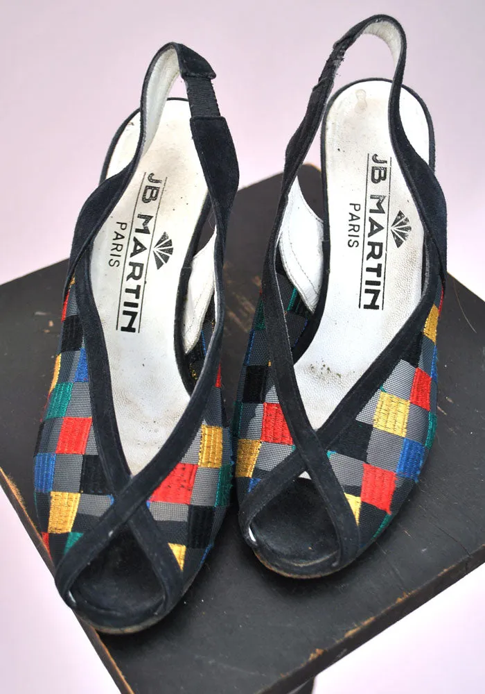 Vintage Navy Suede Colour Block Slingback Peep Toe Sandals • Size 1 /12