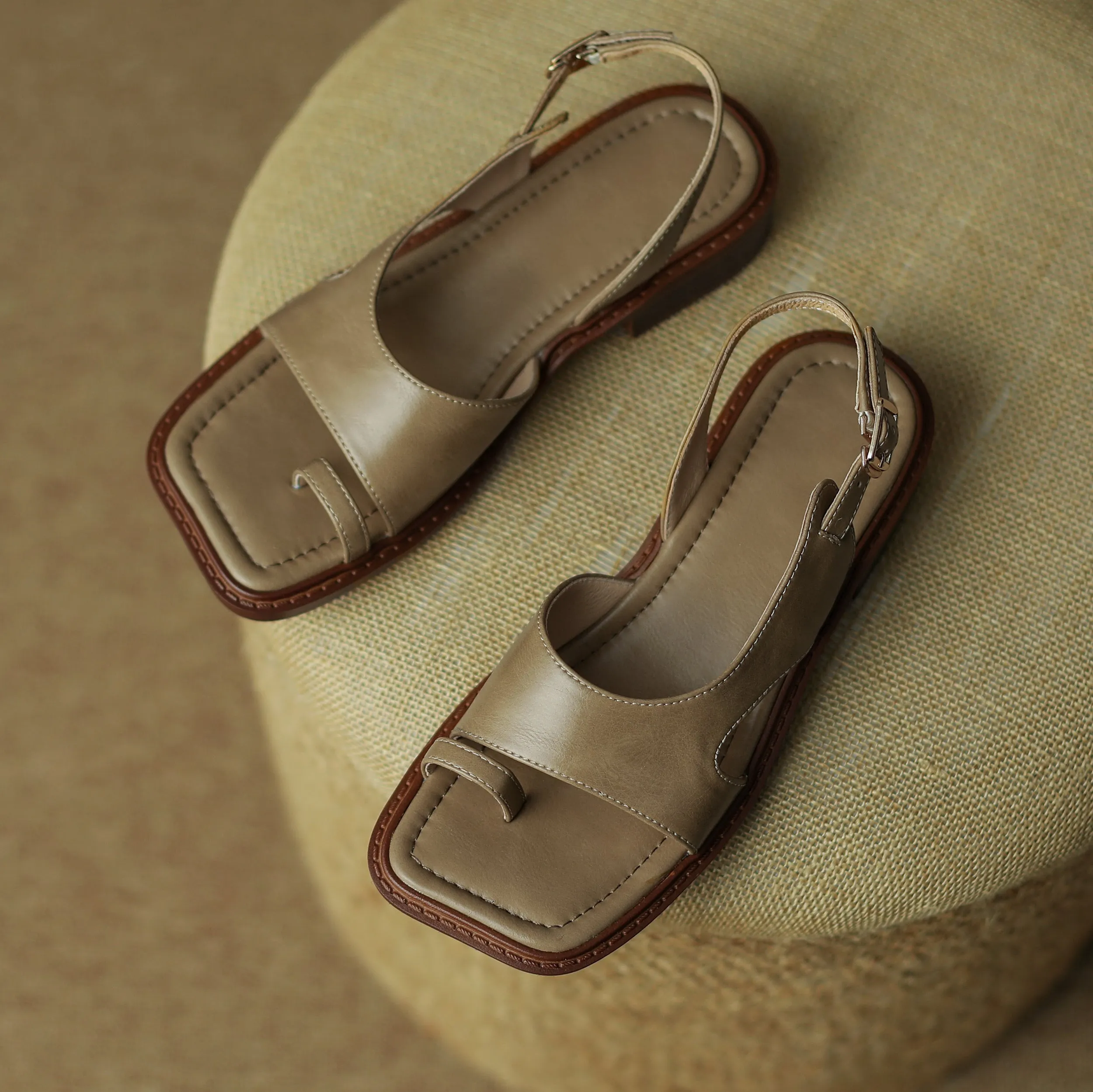 Womens Summer Leather Toe Ring Slingback Flat Sandals