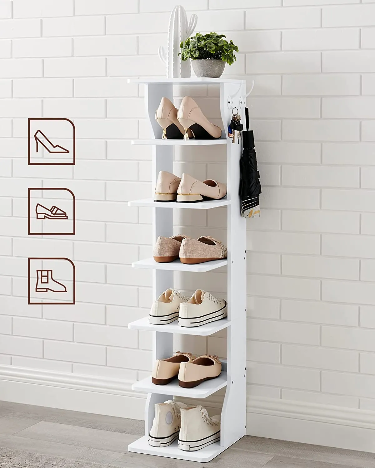 Wood Shoe Rack, 6-Tier Slim Shoe Storage Rack, Space-Saving, for Entryway, Corner, Closet, White